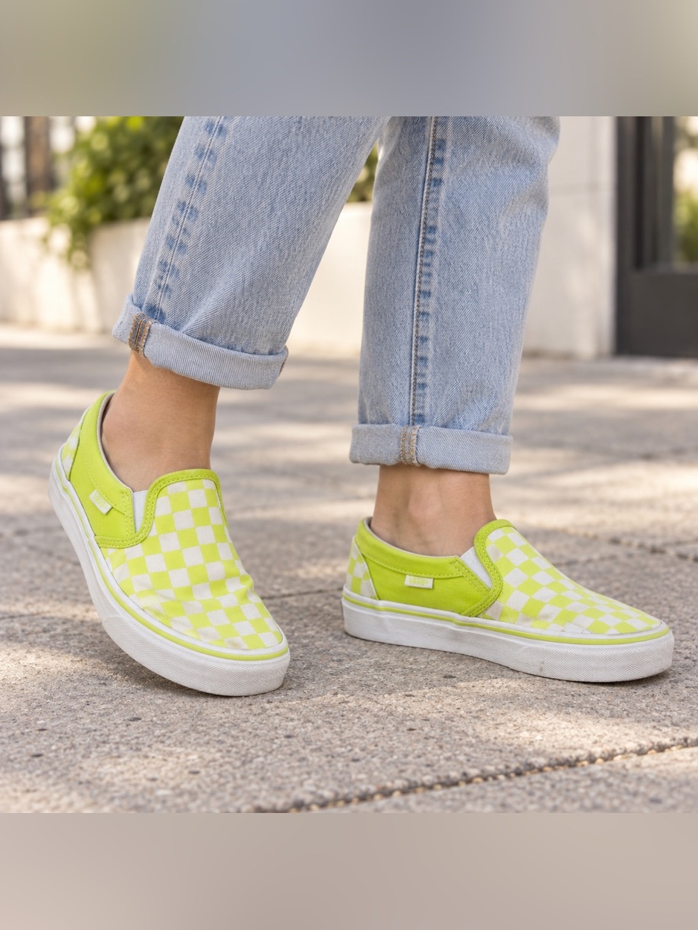 Vans Classic Slip-On Neon Green Checkered Shoes 6.5